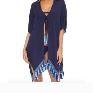 BECCA Blue Tasseled Kimono Swim Cover Up Size XS